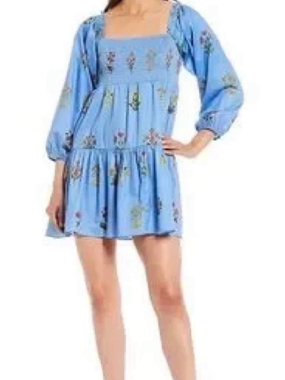 SACHIN + BABI x Dillards Blue Floral Cotton‎ Sateen Smocked Tiered Mini Dress 6